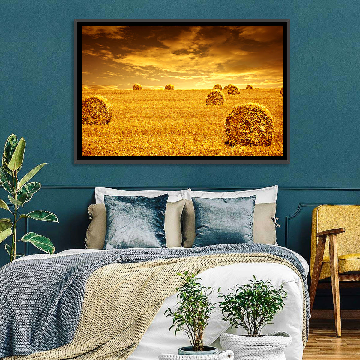 Golden Hour Haystacks Wall Art in a room, landscape