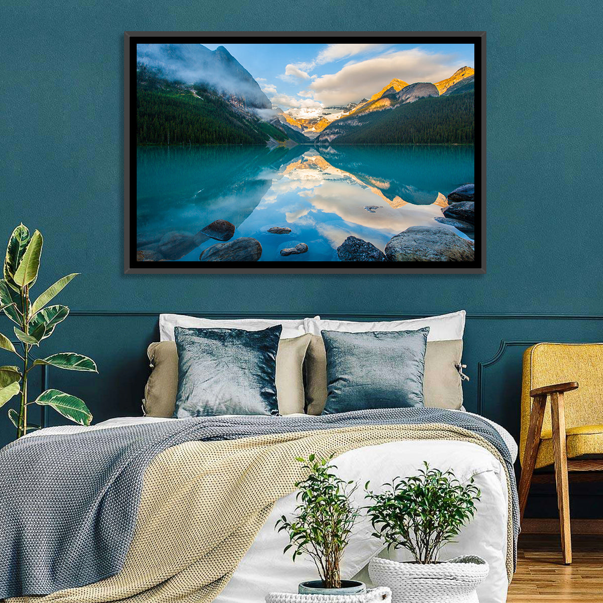 Lake Louise Sunrise Reflection Wall Art in a room, landscape