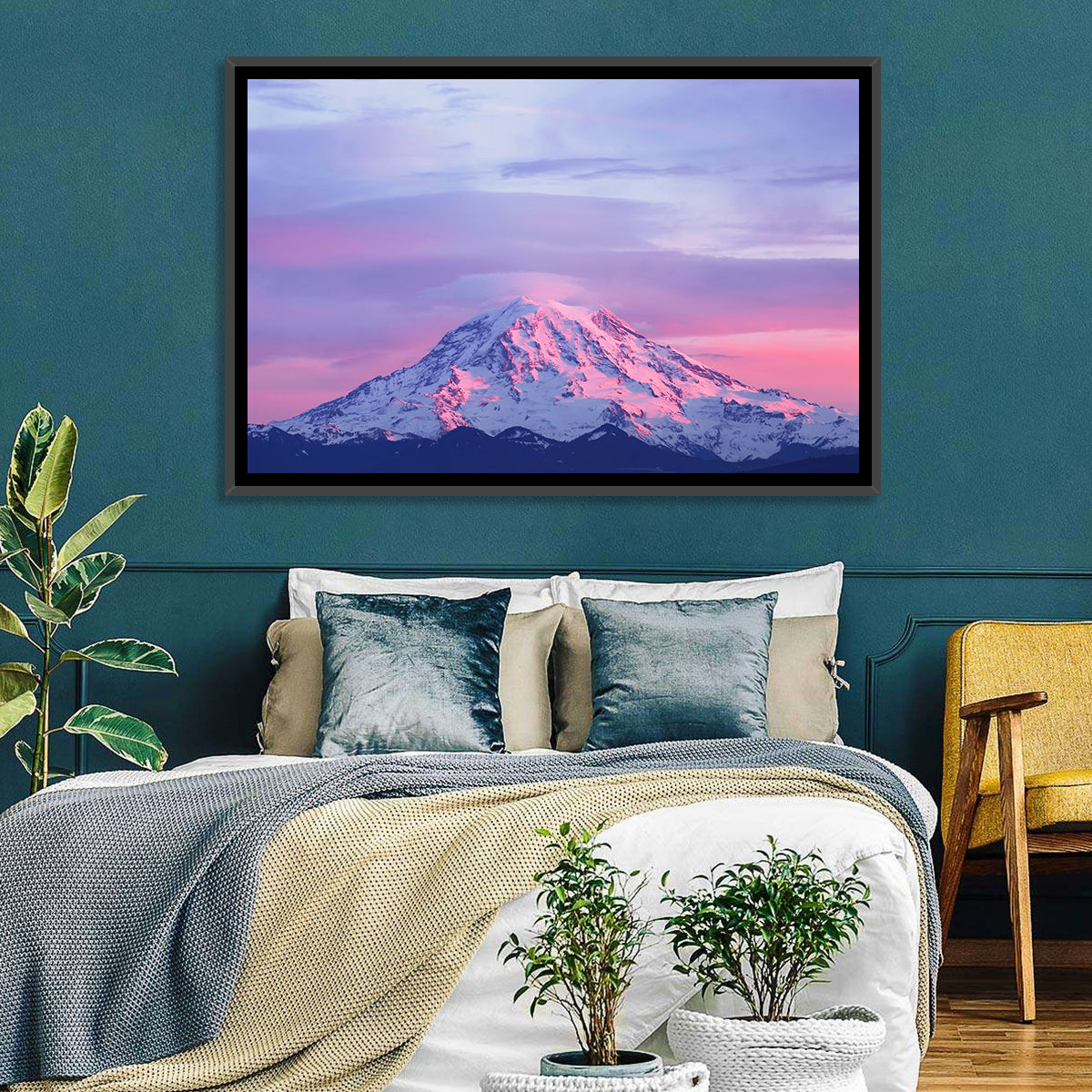 Mount Rainier Alpenglow with Lenticular Cloud Wall Art in a room, landscape