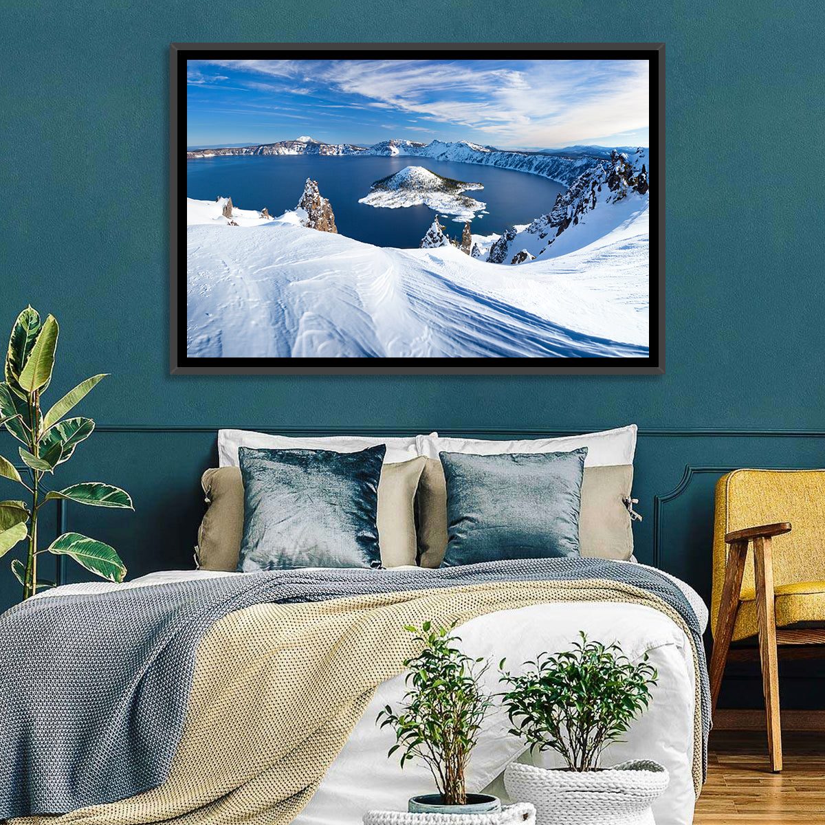 Crater Lake with Wizard Island Wall Art in a room, landscape