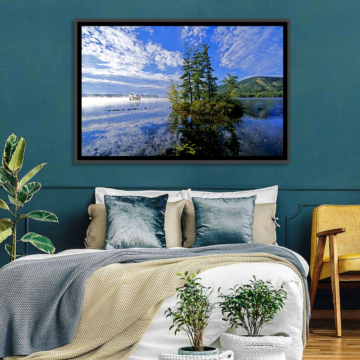 Misty Maine Lake Wall Art in a room, landscape