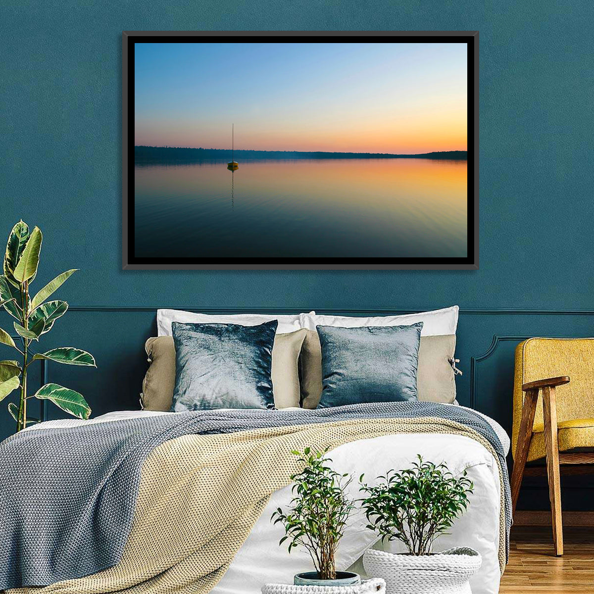Cyprus Lake Sunset Boat Wall Art in a room, landscape