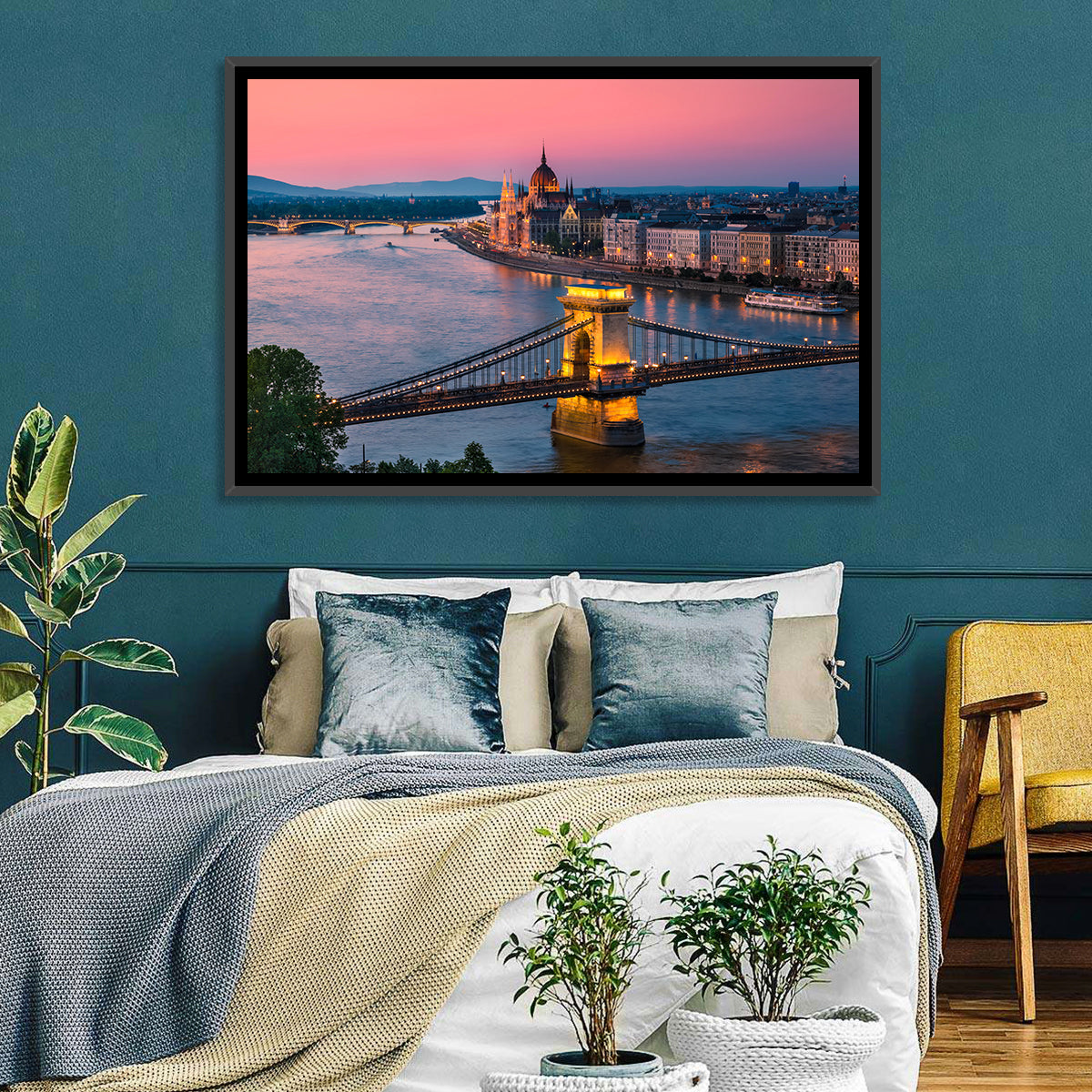 Budapest Chain Bridge at Twilight Wall Art in a room, landscape
