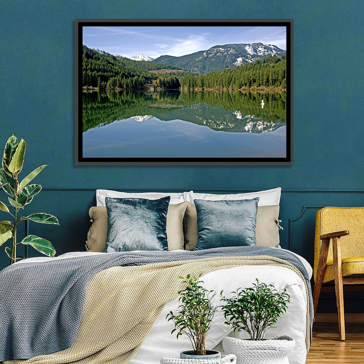 Lake Crescent Reflection Wall Art in a room, landscape