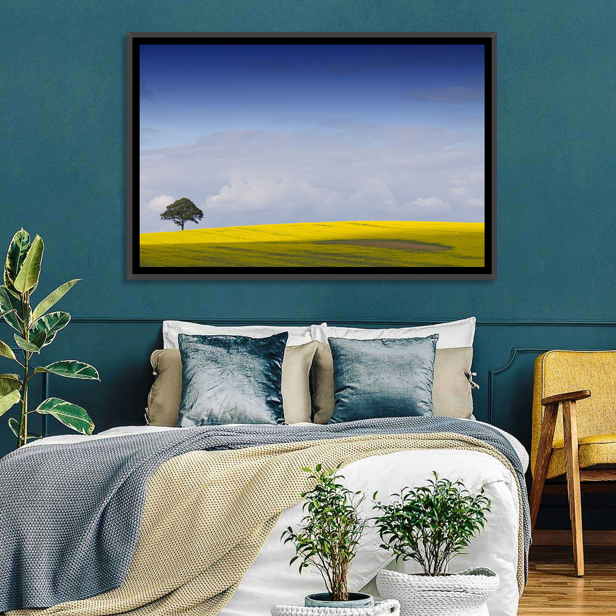 Solitary Tree Over Rapeseed Field Wall Art in a room, landscape