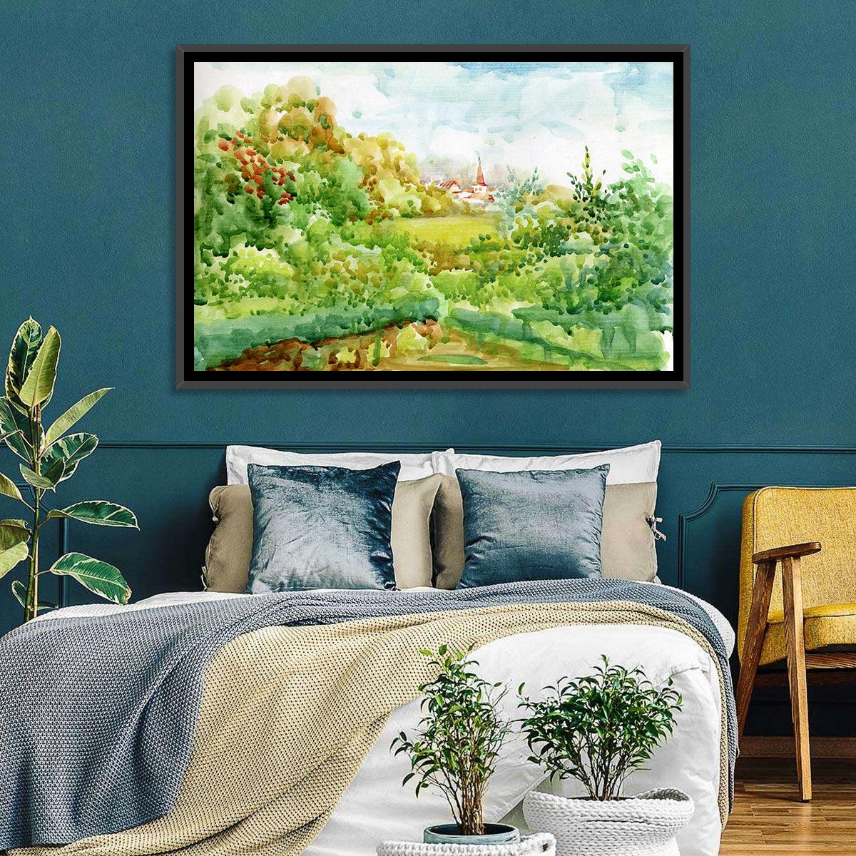 Red Steeple Village Watercolor Wall Art in a room, landscape