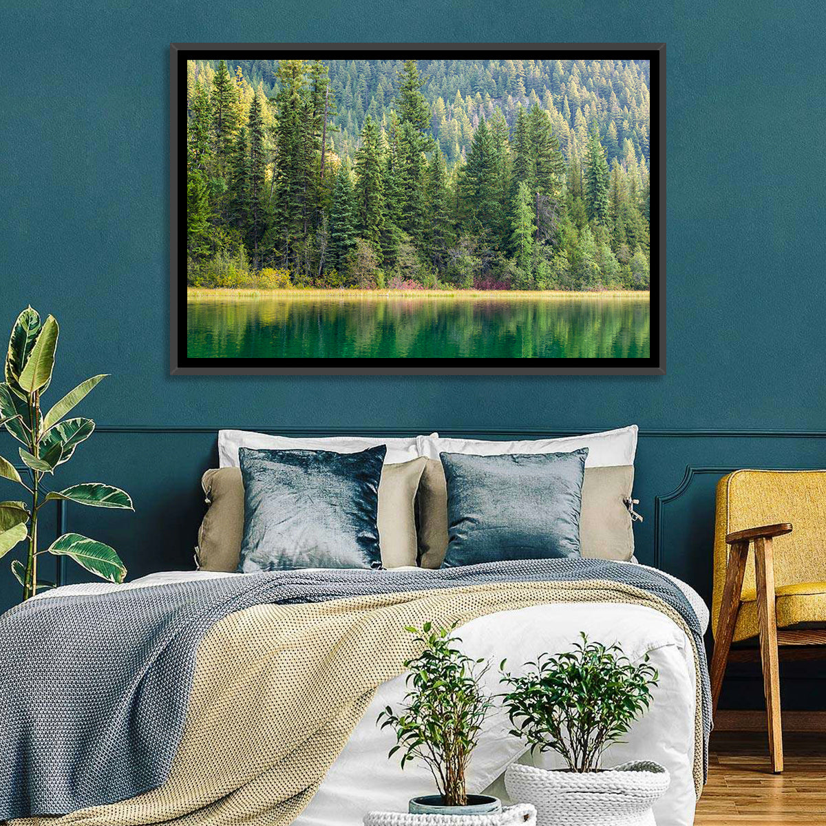 Tranquil Forest Lake Wall Art in a room, landscape