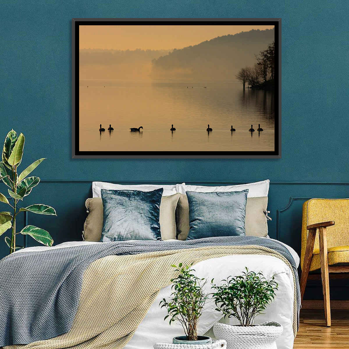 Lake Degray Geese Silhouette Wall Art in a room, landscape