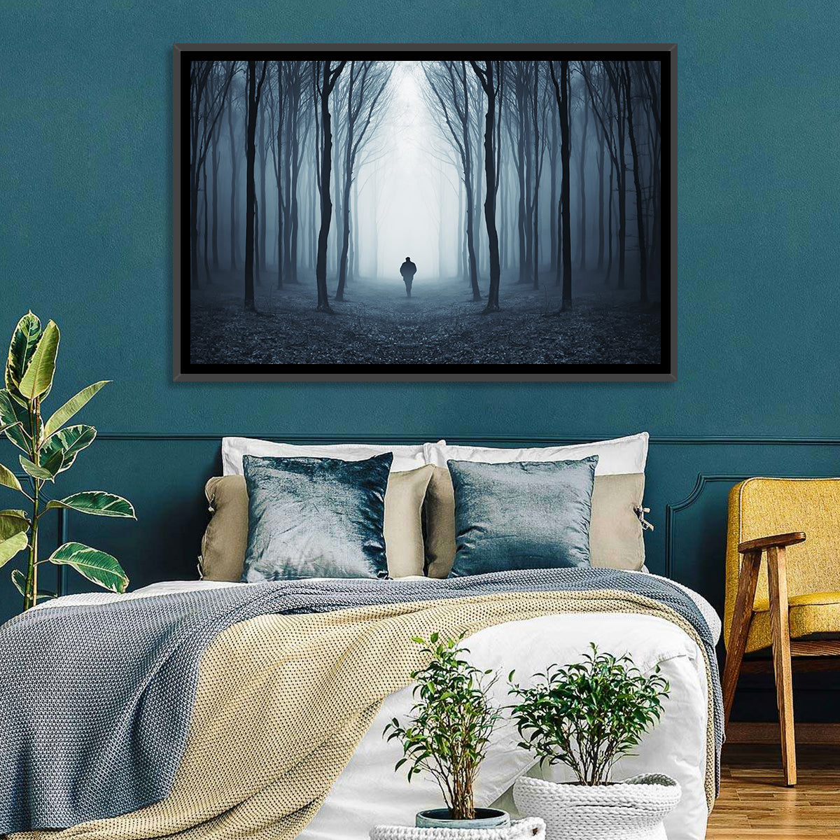 Lone Figure in Misty Forest Wall Art in a room, landscape