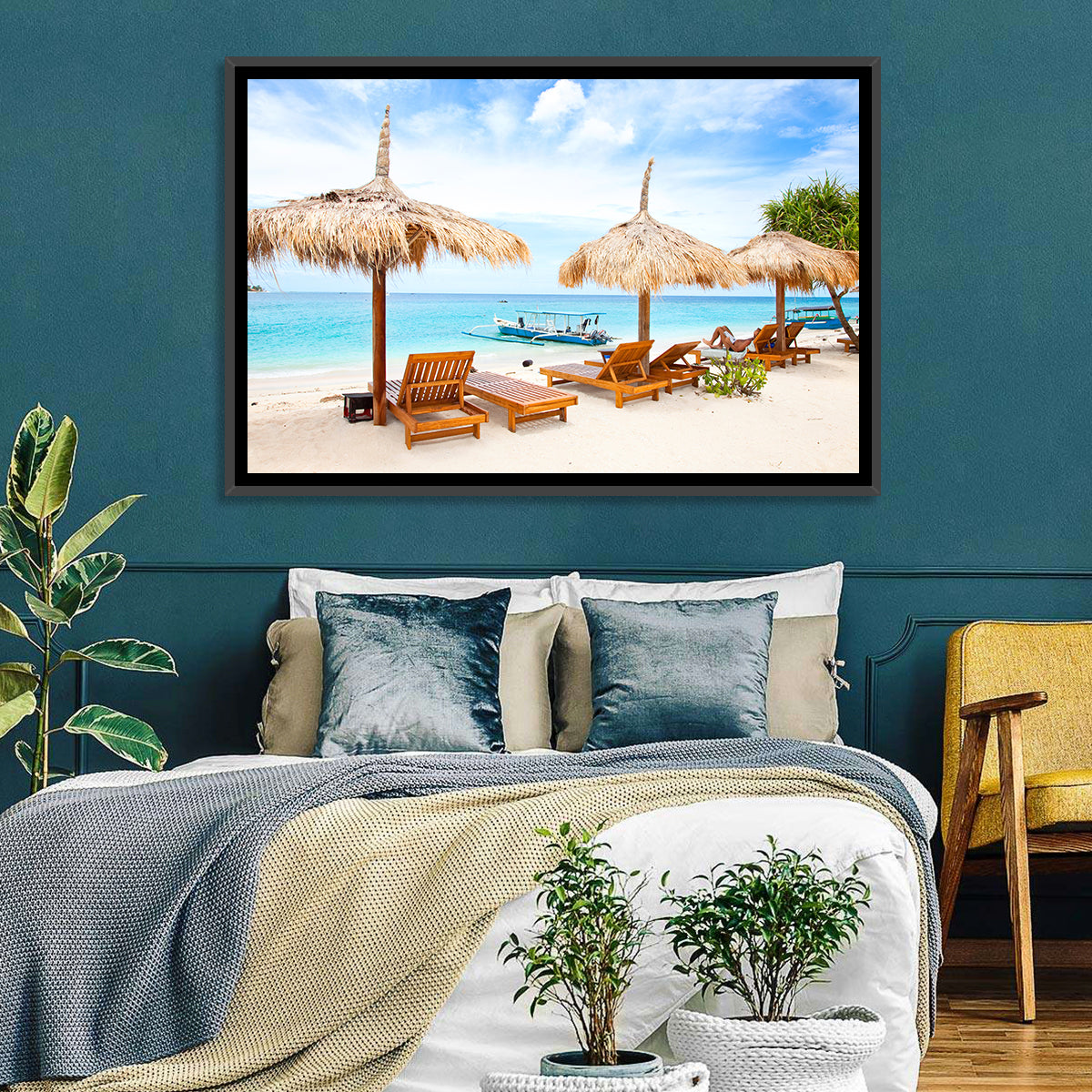 Gili Meno Beach with Thatched Umbrellas Wall Art in a room, landscape
