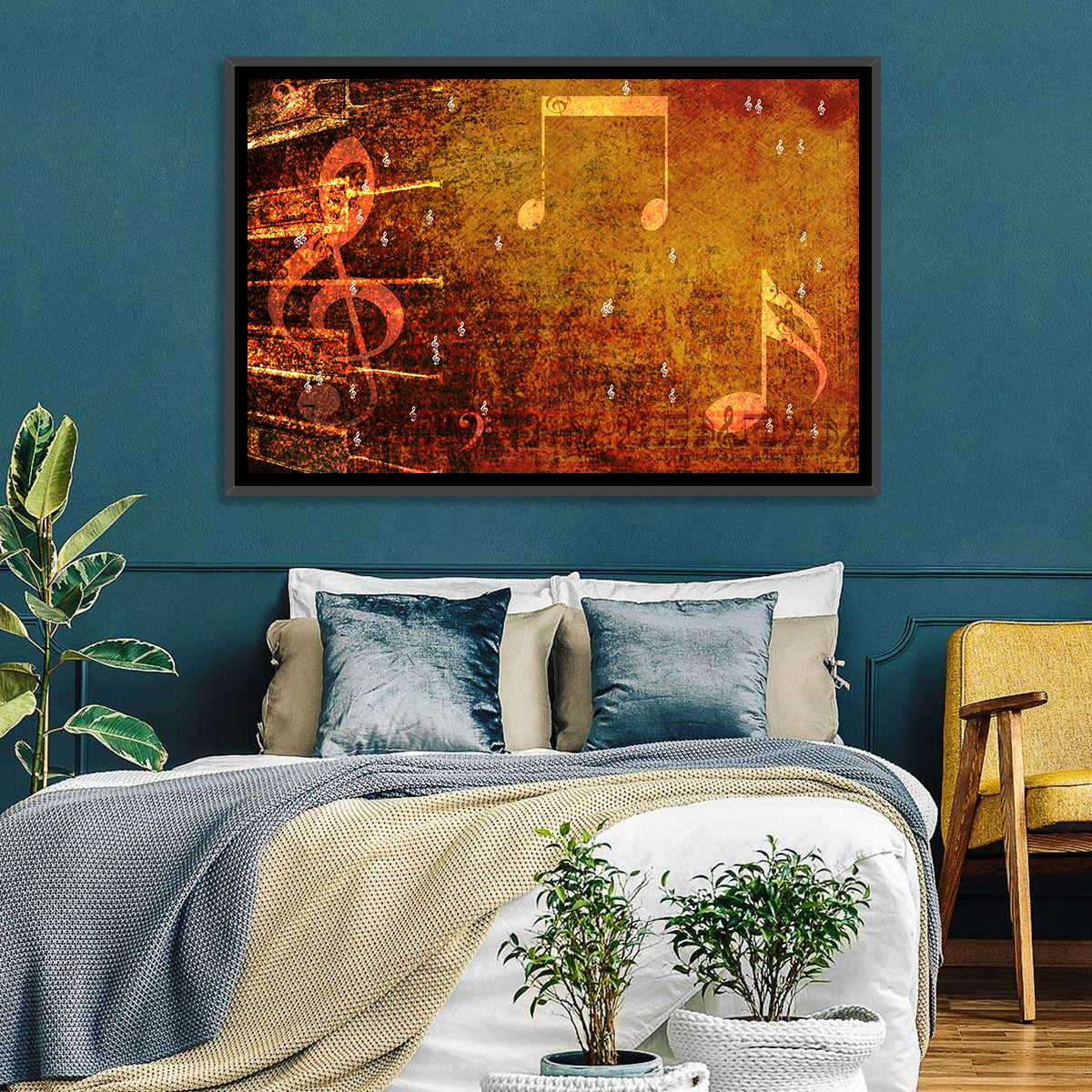 Grunge Sheet Music Collage Wall Art in a room, landscape