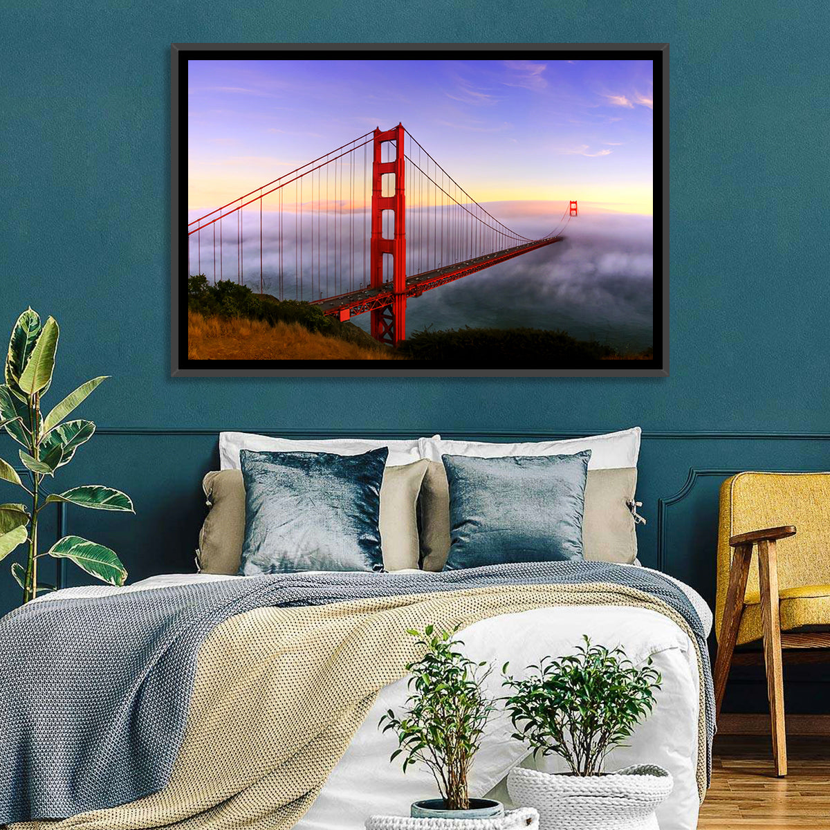 Foggy Golden Gate Bridge Wall Art in a room, landscape