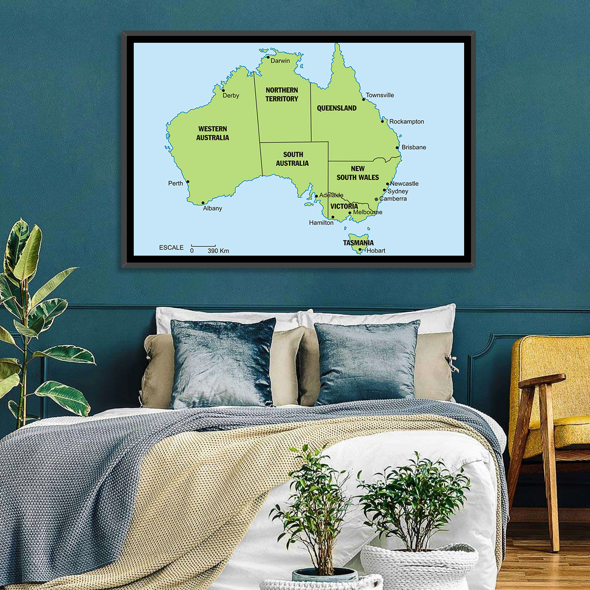 Minimalist Australia Map with State Labels Wall Art in a room, landscape