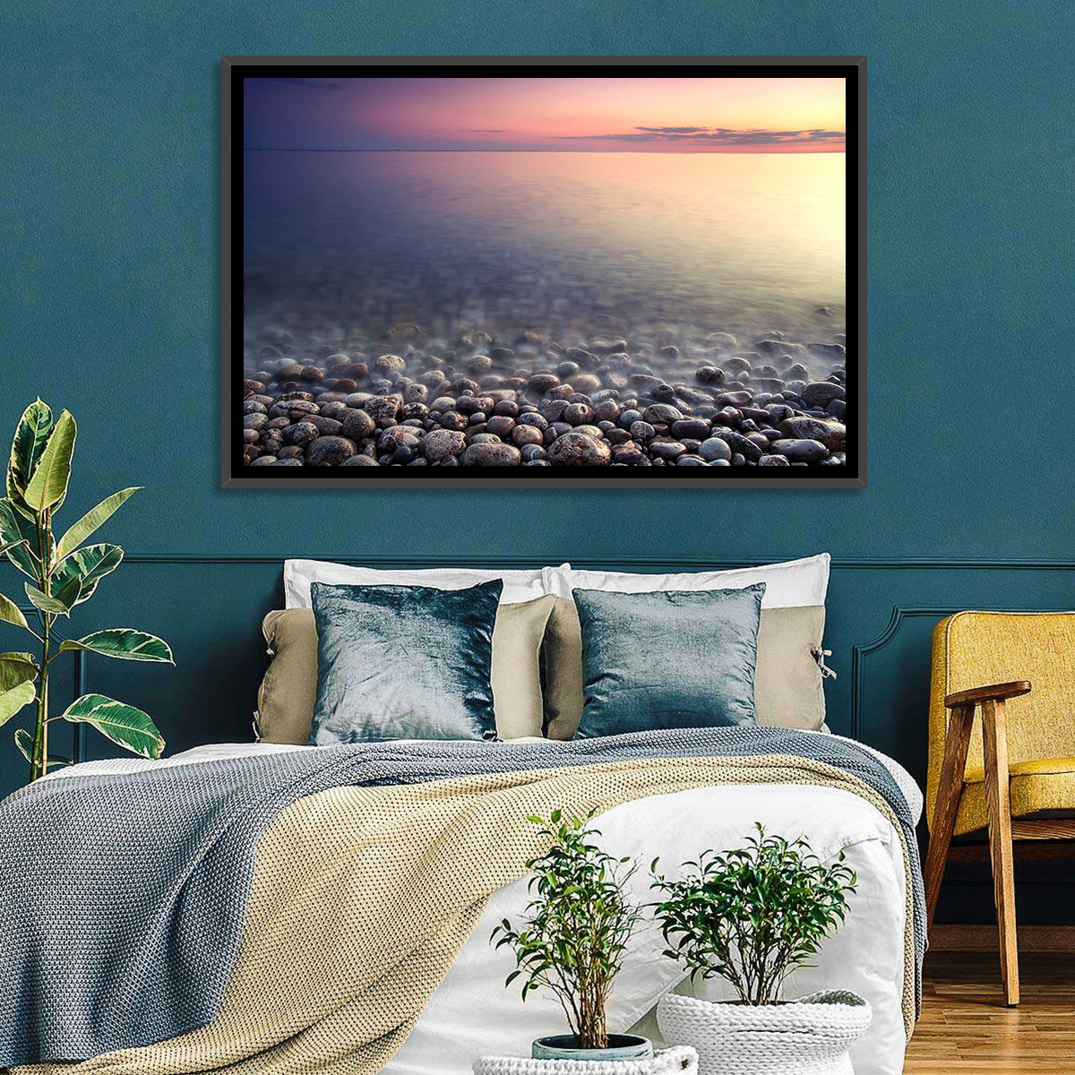 Pebbled Shore Sunset Wall Art in a room, landscape
