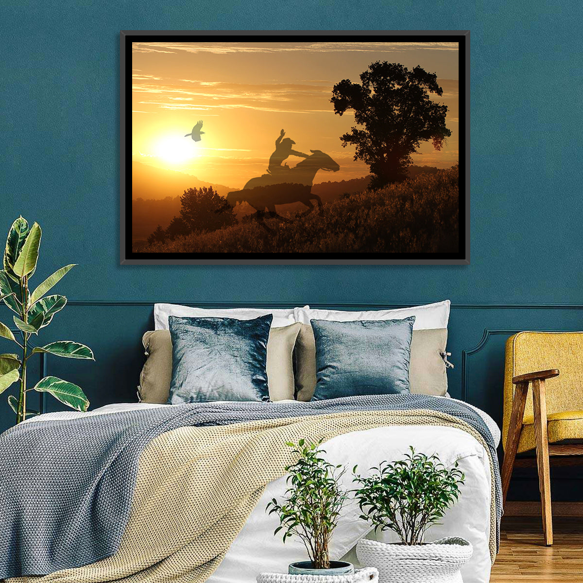 Cowboy Silhouette at Golden Sunset Wall Art in a room, landscape