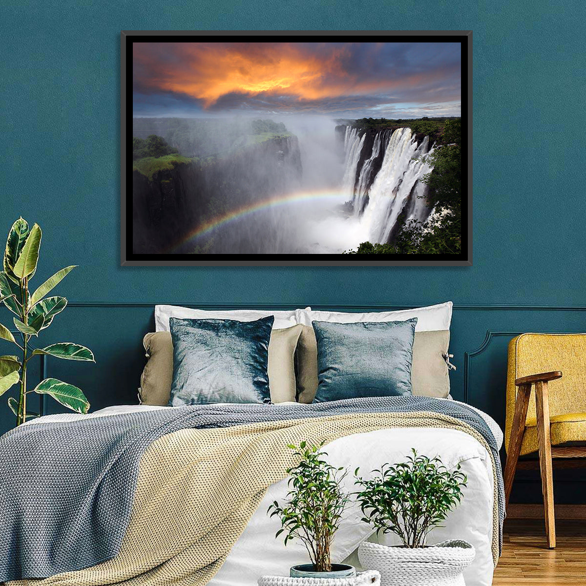 Victoria Falls Rainbow at Dusk Wall Art in a room, landscape