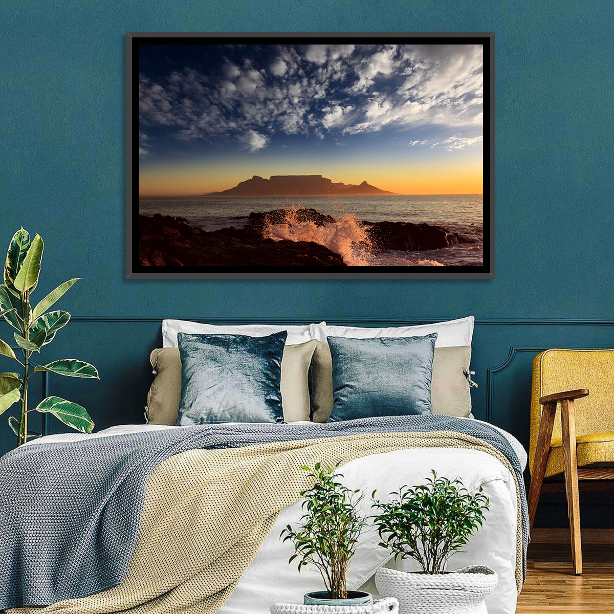 Table Mountain Sunset Silhouette Wall Art in a room, landscape