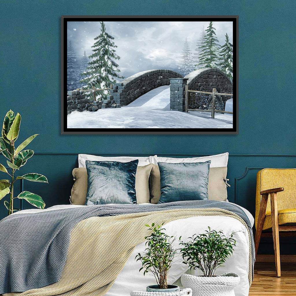 Snowy Stone Bridge in Winter Forest Wall Art