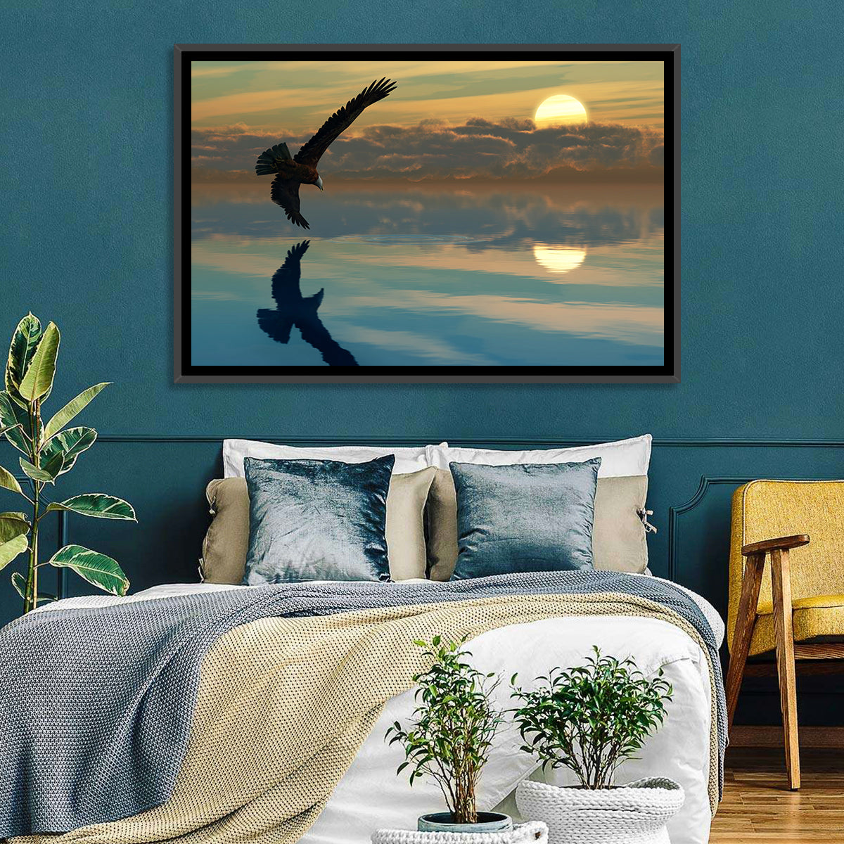 Bald Eagle Sunset Reflection Wall Art in a room, landscape