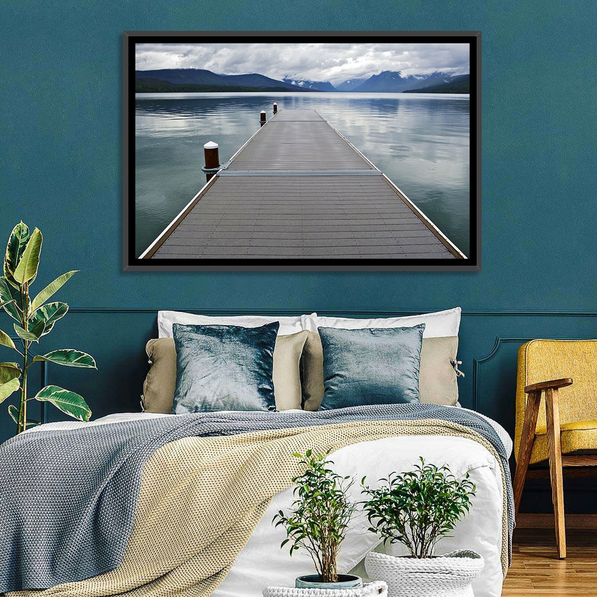 Lake Mcdonald Wooden Dock Wall Art in a room, landscape