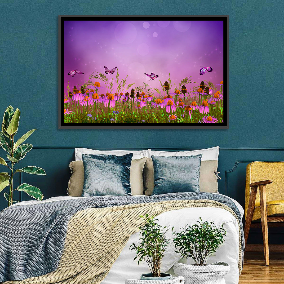 Purple Coneflower Butterfly Meadow Wall Art in a room, landscape