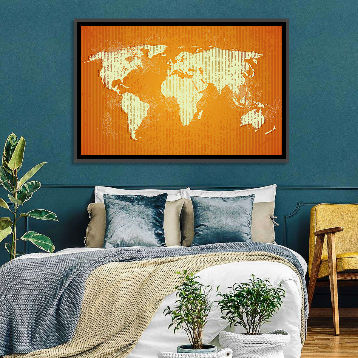 Vintage Orange World Map Wall Art in a room, landscape