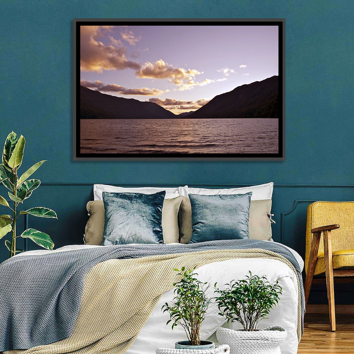 Purple Sunset Over Lake Crescent Wall Art in a room, landscape
