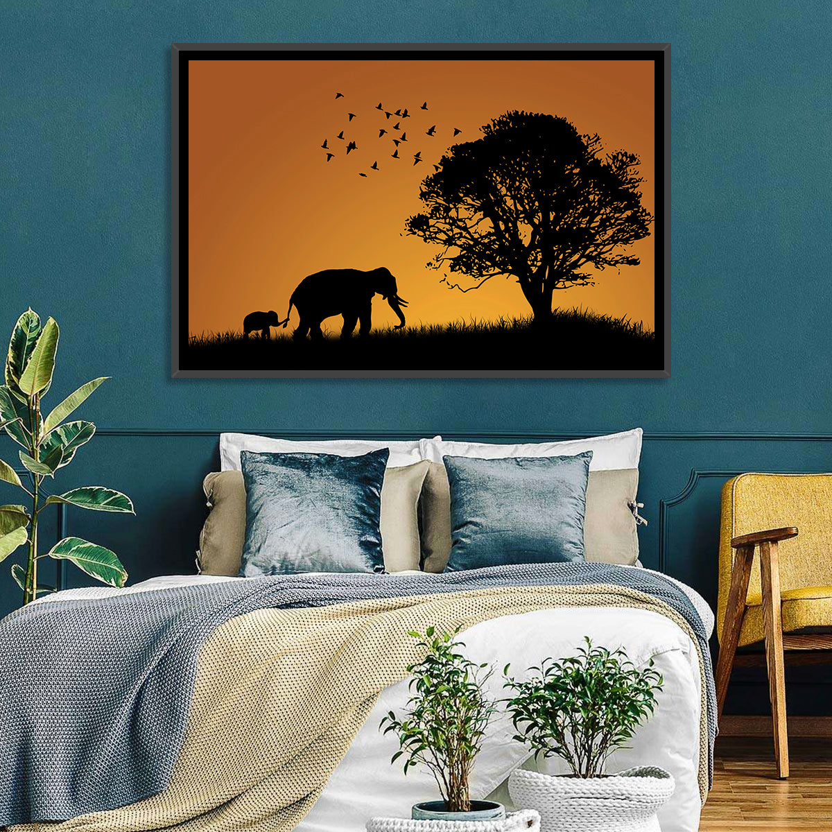Elephant Family at Golden Sunset Wall Art