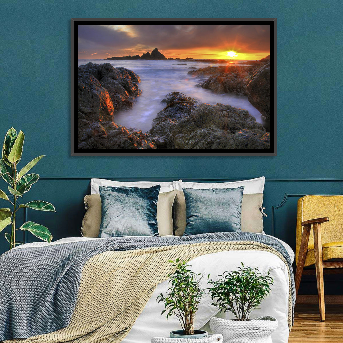 Tramore Rocky Coast Sunset Wall Art in a room, landscape