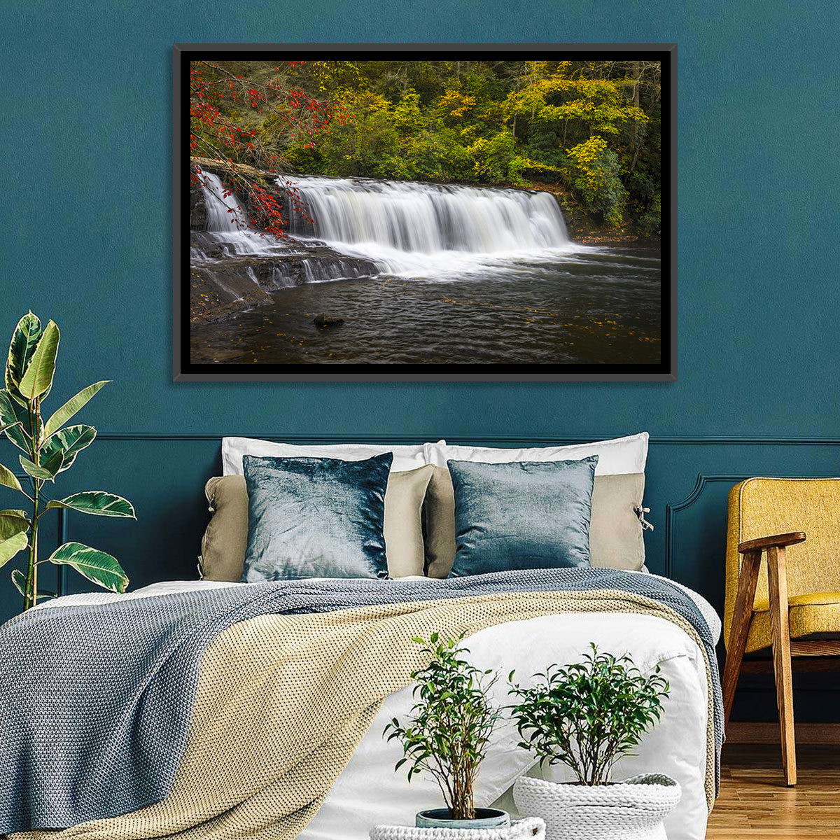 Dupont State Forest Autumn Waterfall Stream Wall Art in a room, landscape
