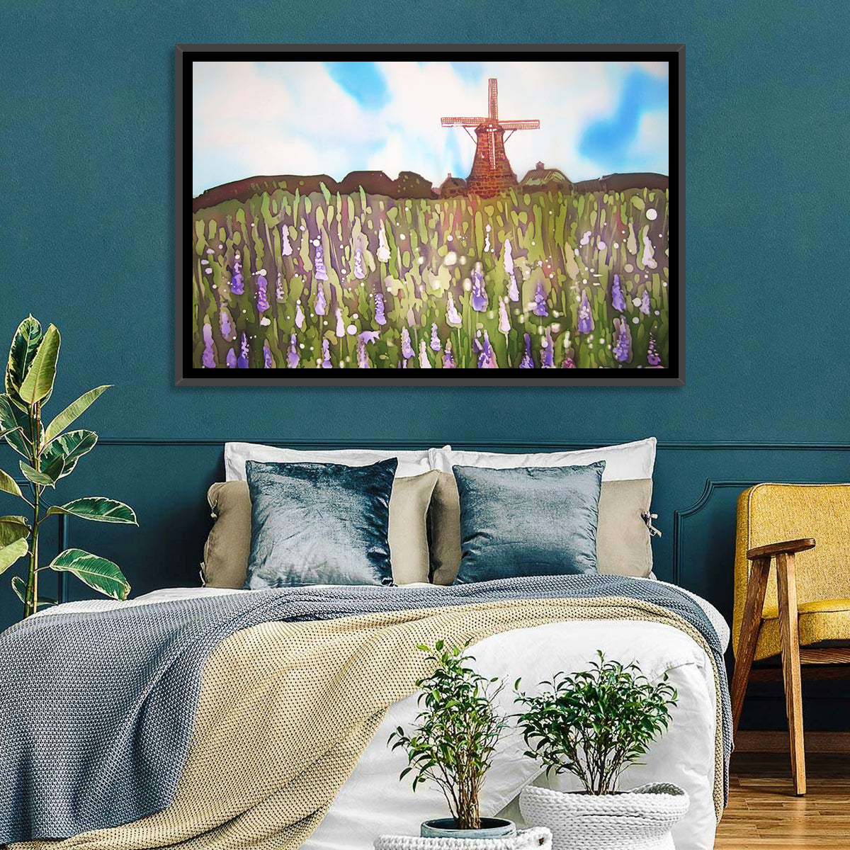 Ink Wash Windmill in Blooming Field Wall Art