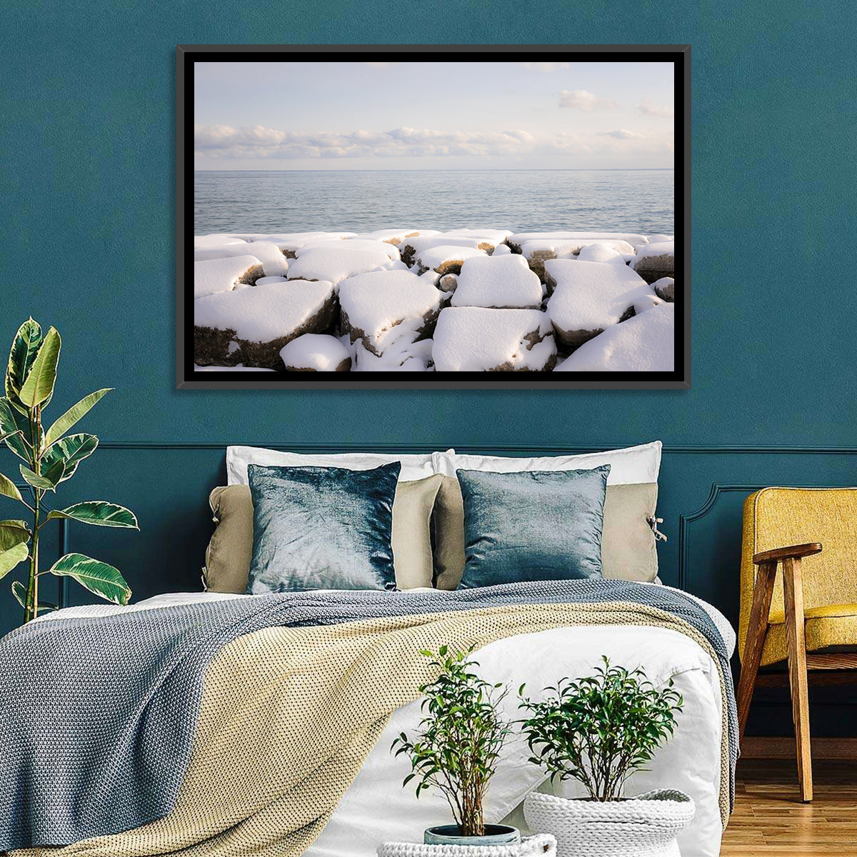 Lake Ontario Snowy Rocks Wall Art in a room, landscape