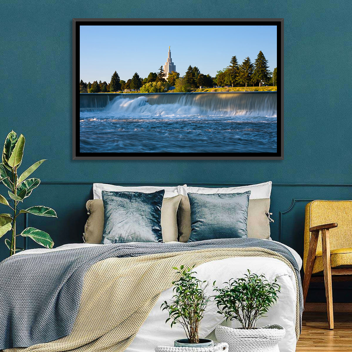 Idaho Falls Temple and Waterfall Wall Art in a room, landscape
