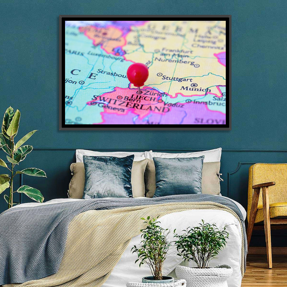 Zurich Map with Red Pin Wall Art in a room, landscape