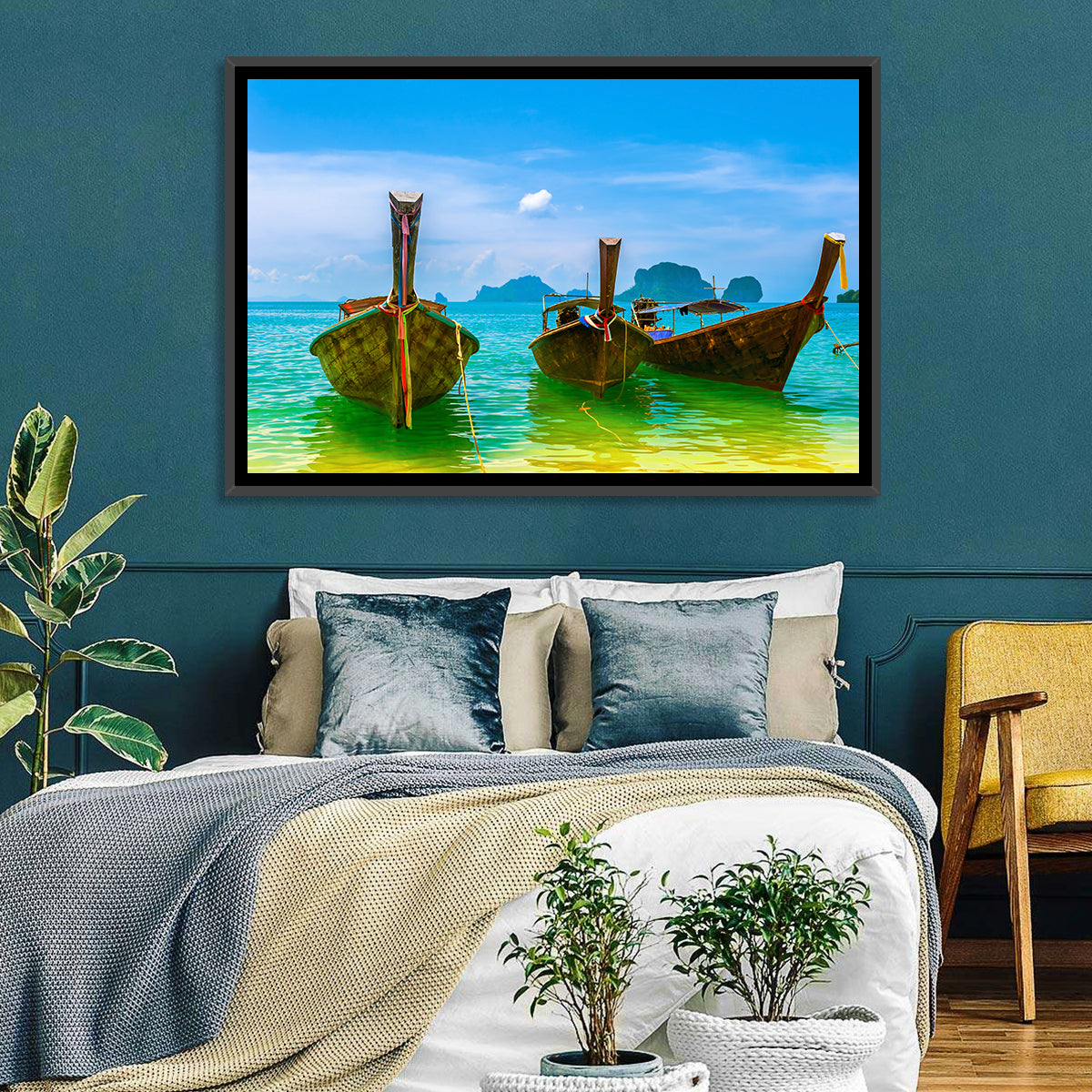 Three Long-tail Boats on Turquoise Water Wall Art