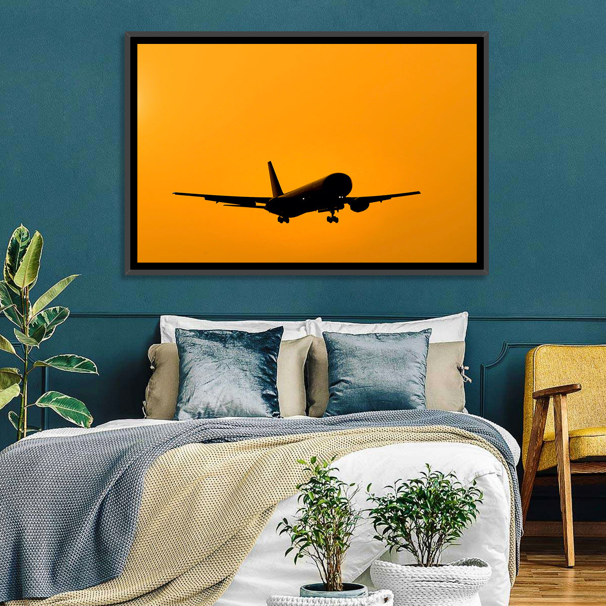 Golden Hour Airliner Silhouette Wall Art in a room, landscape