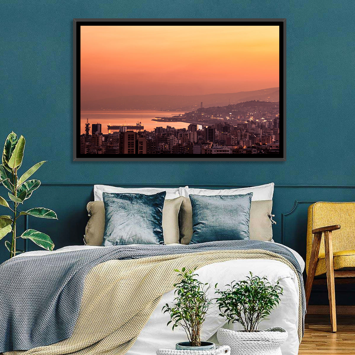 Beirut Sunset Skyline Wall Art in a room, landscape