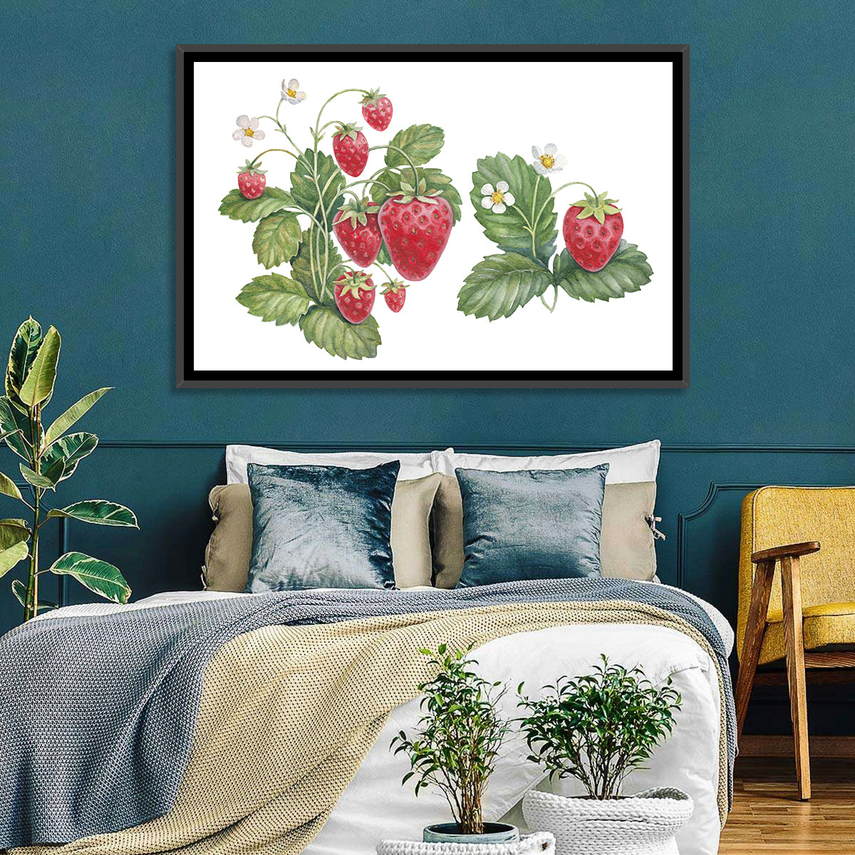 Fresh Strawberry Botanical Illustration Wall Art in a room, landscape