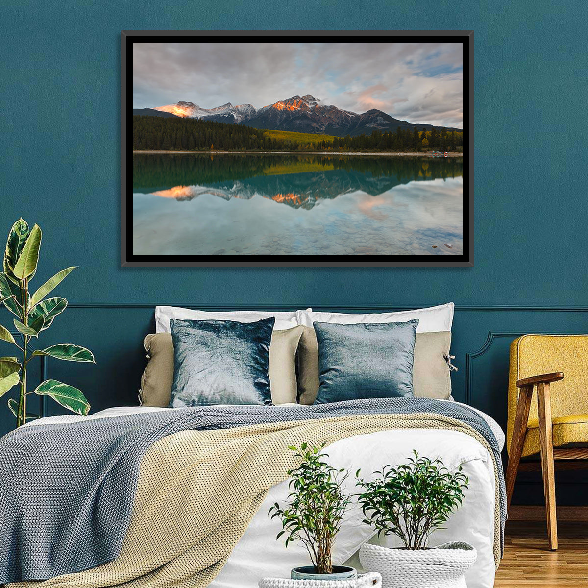 Patricia Lake Golden Hour Reflection Wall Art in a room, landscape