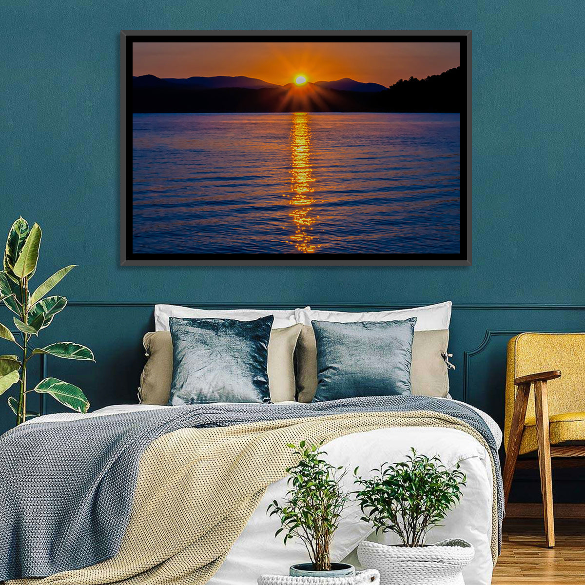 Lake Jocassee Golden Sunrise Wall Art in a room, landscape