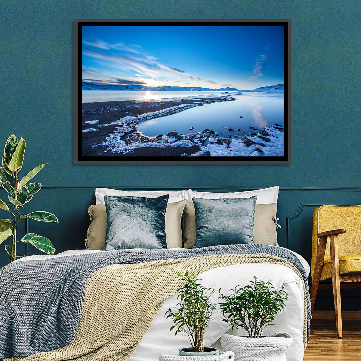 Lake Kleifarvatn Icy Shoreline Wall Art in a room, landscape