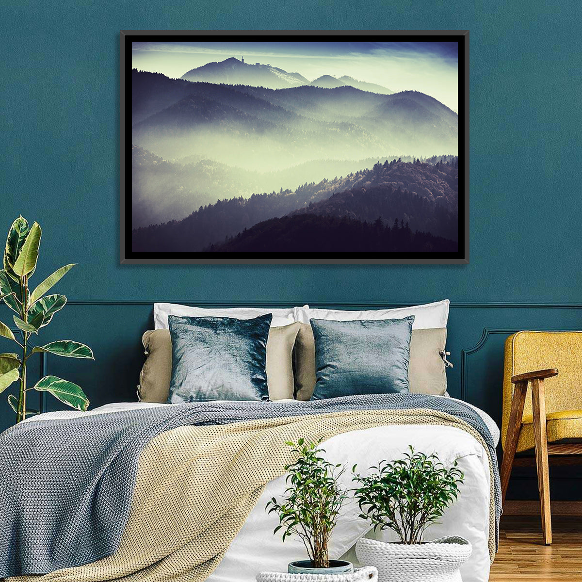 Foggy Forest Valley Wall Art in a room, landscape
