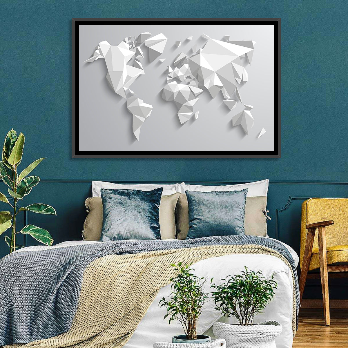 Faceted Triangular World Map Wall Art in a room, landscape