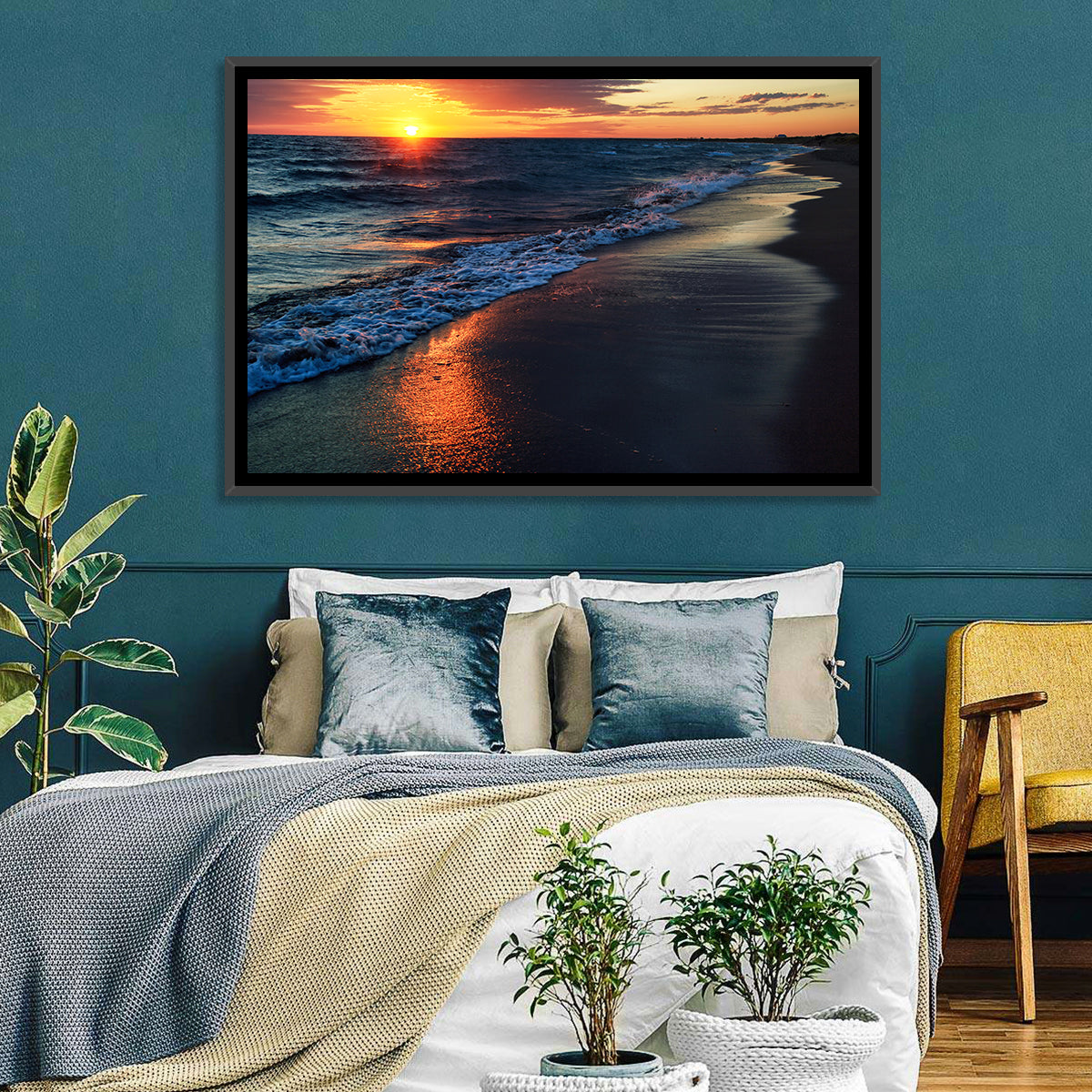 Lake Balkhash Golden Dusk Wall Art in a room, landscape