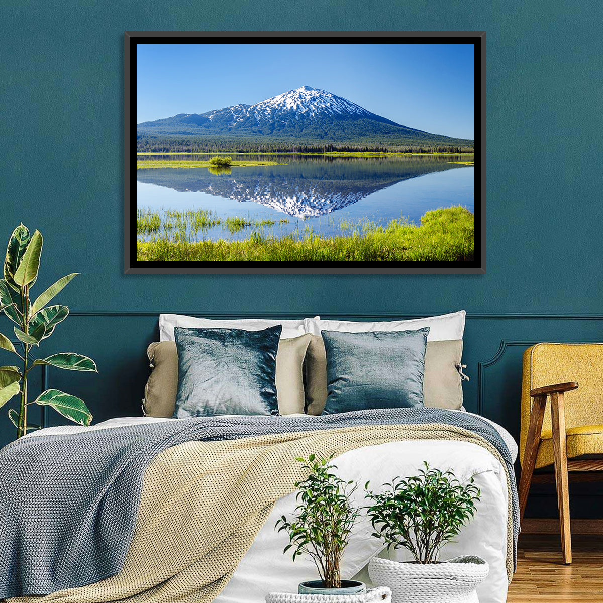 Mount Bachelor Lake Reflection Wall Art in a room, landscape