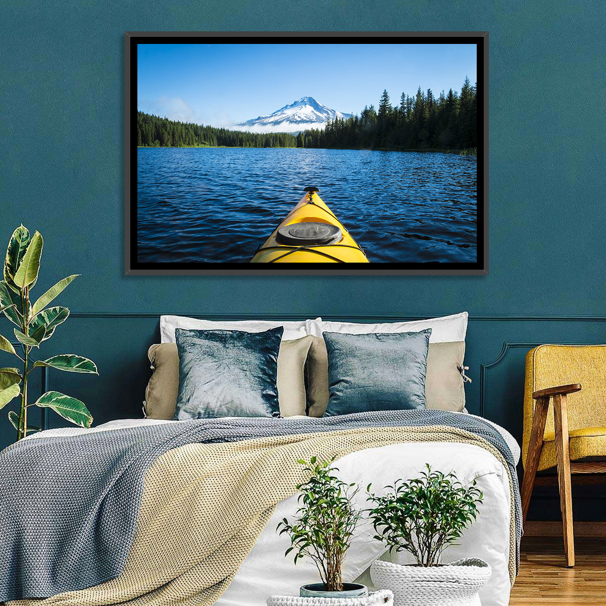 Yellow Kayak at Trillium Lake Wall Art in a room, landscape