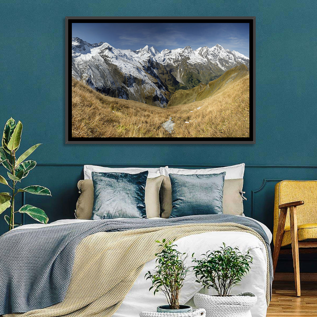 Crisp Alpine Valley with Snow-capped Peaks Wall Art in a room, landscape