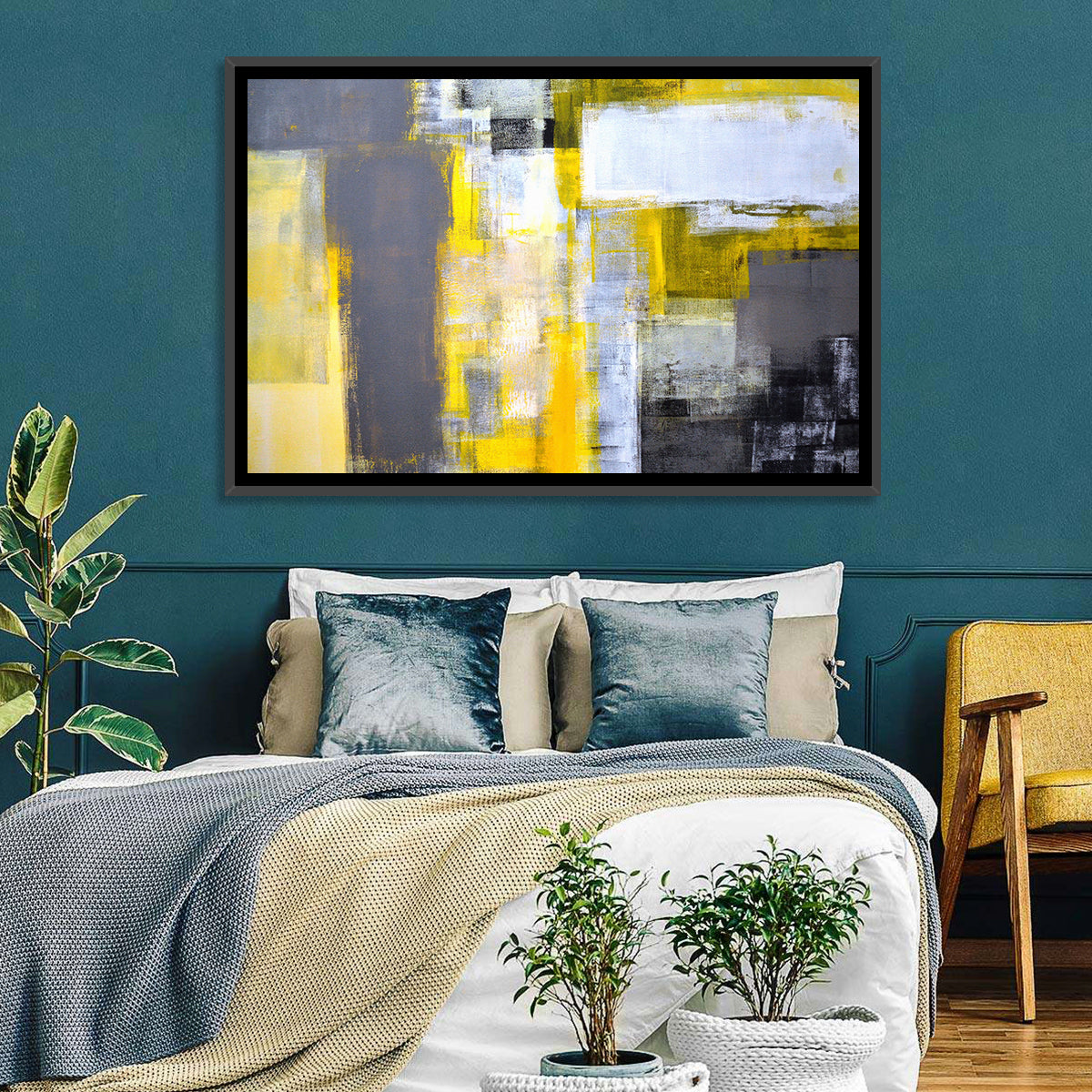 Yellow and Gray Color Block Abstract Wall Art in a room, landscape