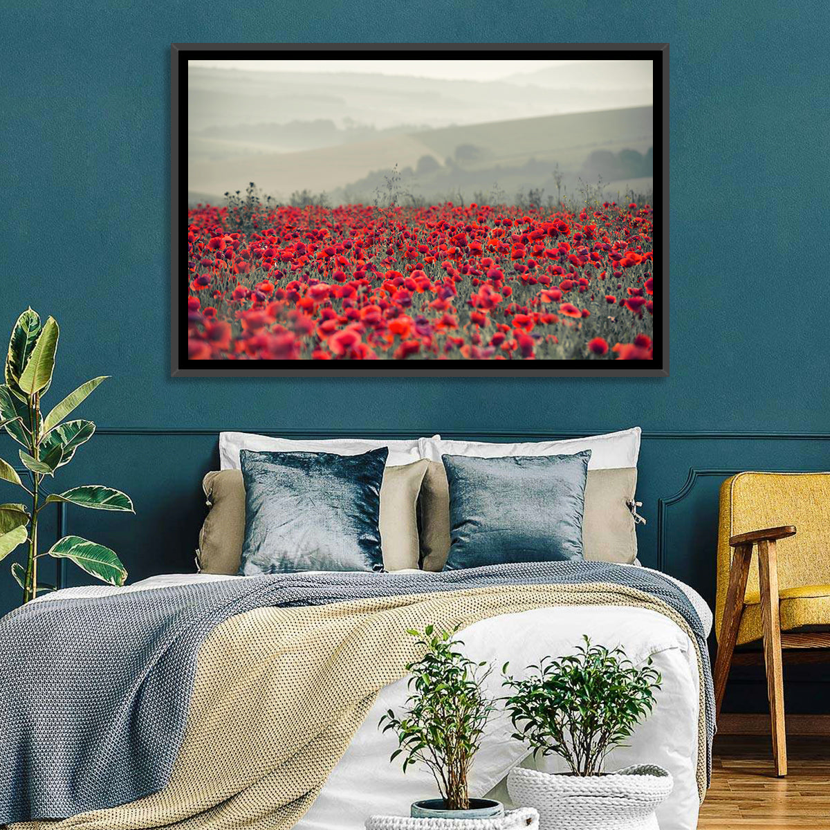 Red Poppy Field Wall Art in a room, landscape