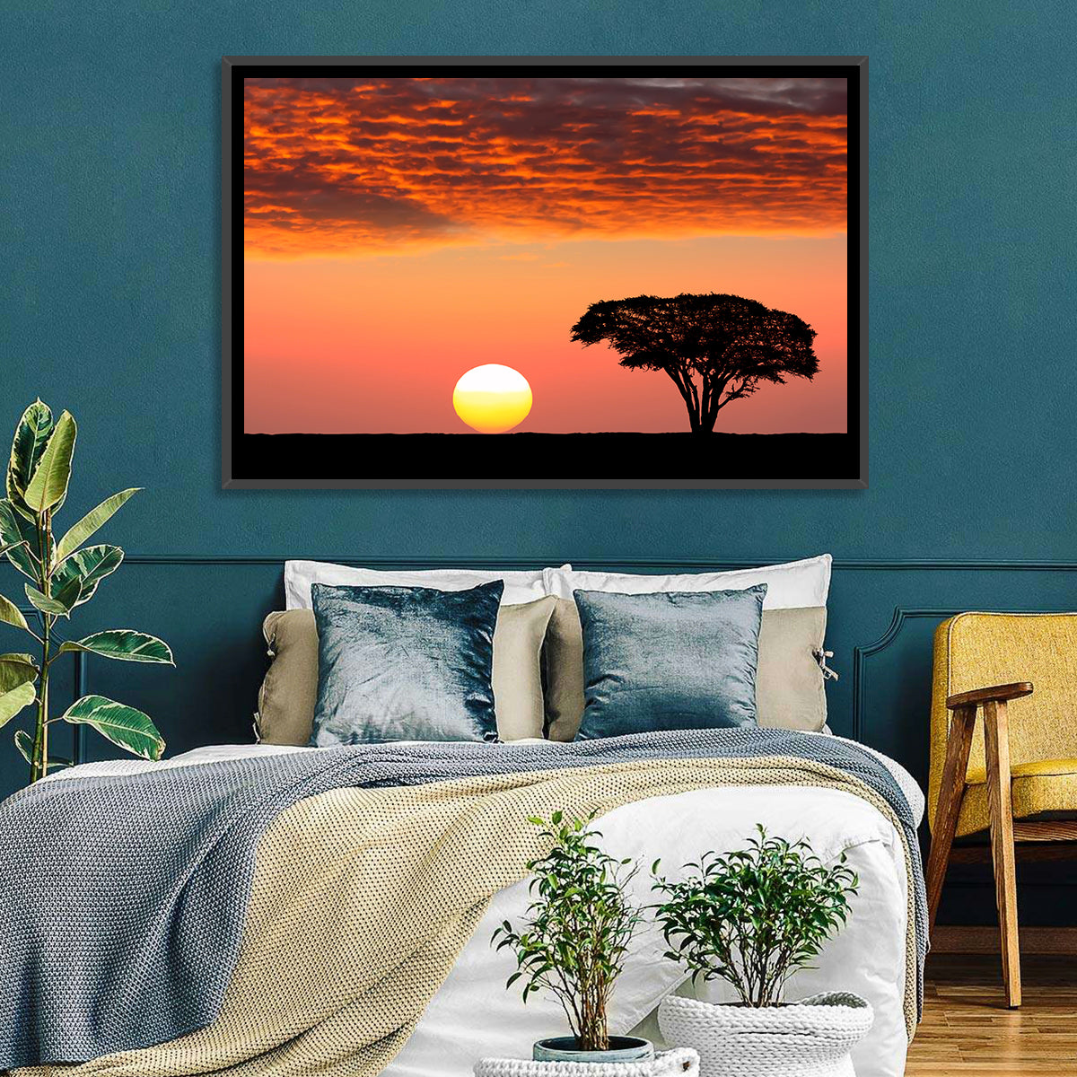 Serengeti Sunset Silhouette Wall Art in a room, landscape
